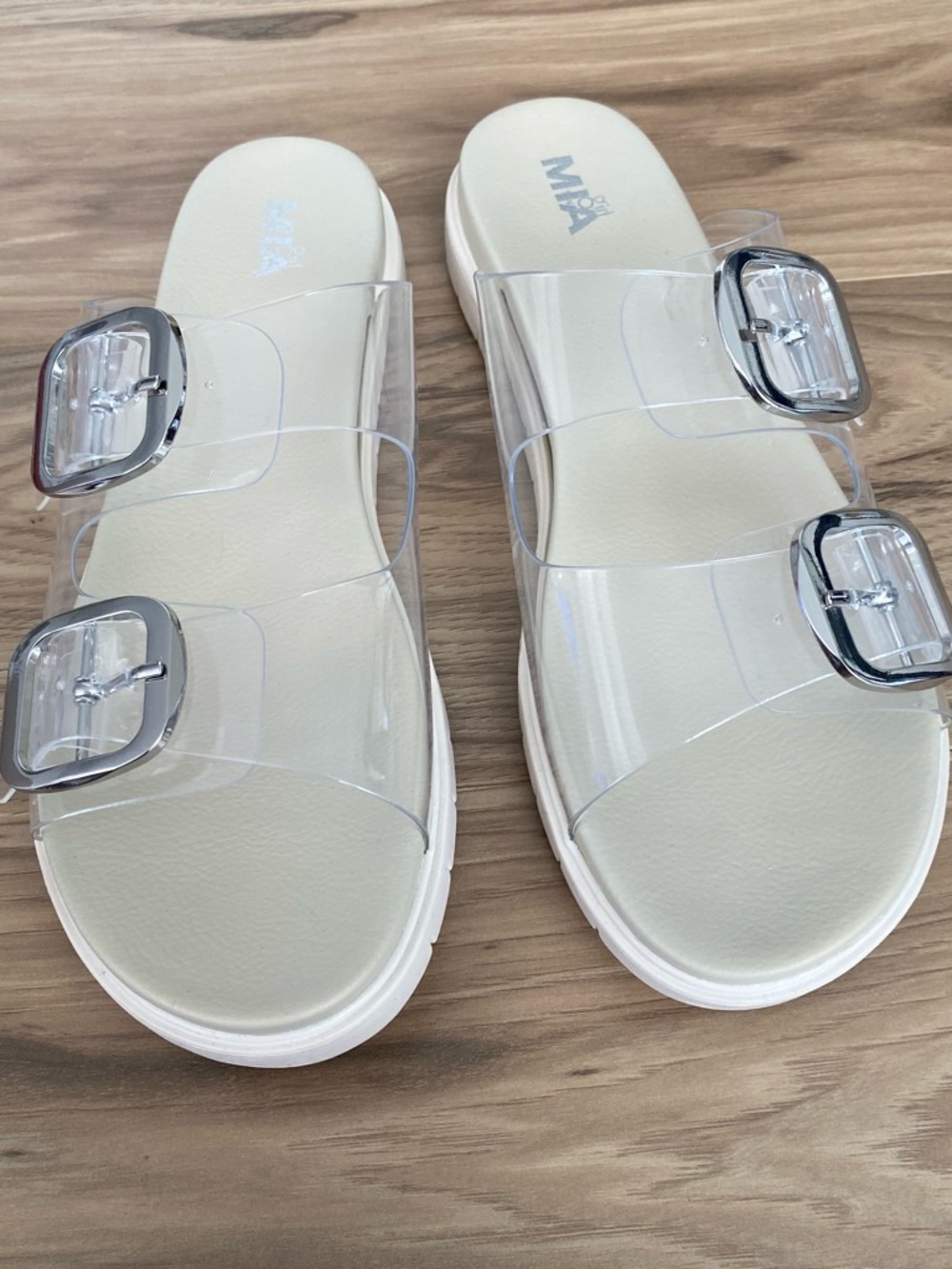 MIA Clear Double Buckle Slide Sandals in Cream